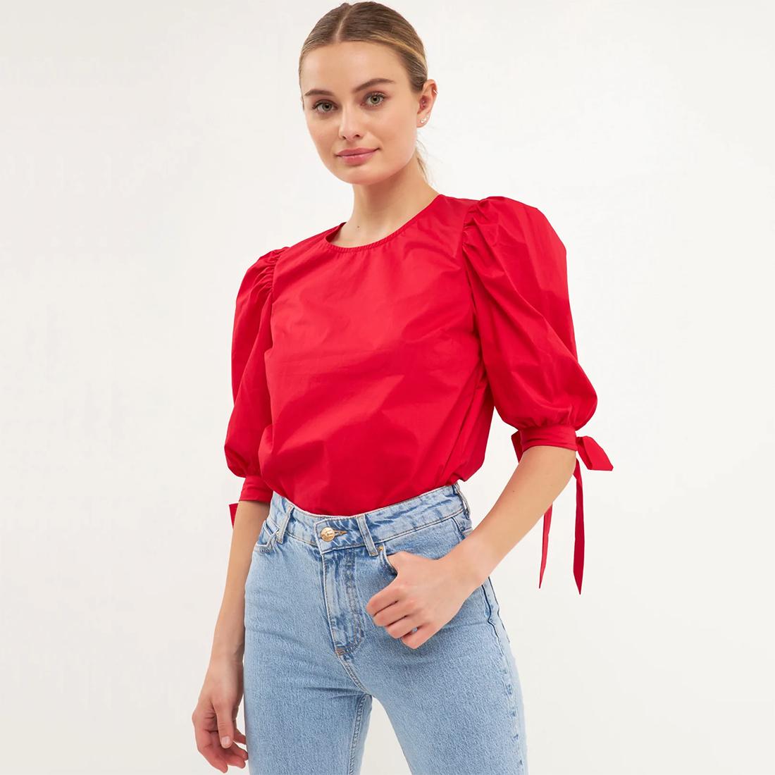  Bow Banded Puff Sleeve Blouse