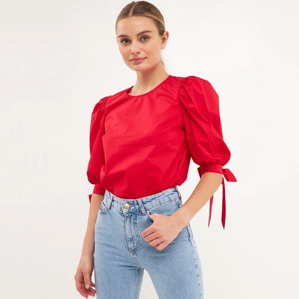  Bow Banded Puff Sleeve Blouse