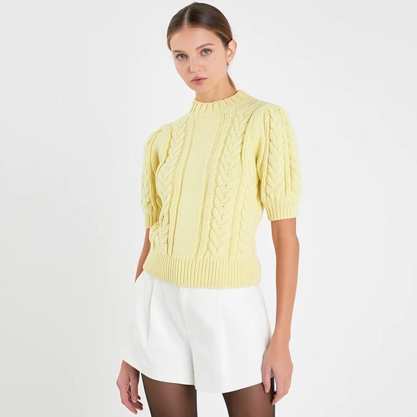 CABLE KNIT PUFF SLEEVE SWEATER LEMON